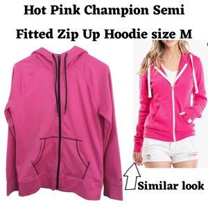 Champion Semi Fitted Hot Barbie Pink Zip Up Hoodie Ladies M with pockets
